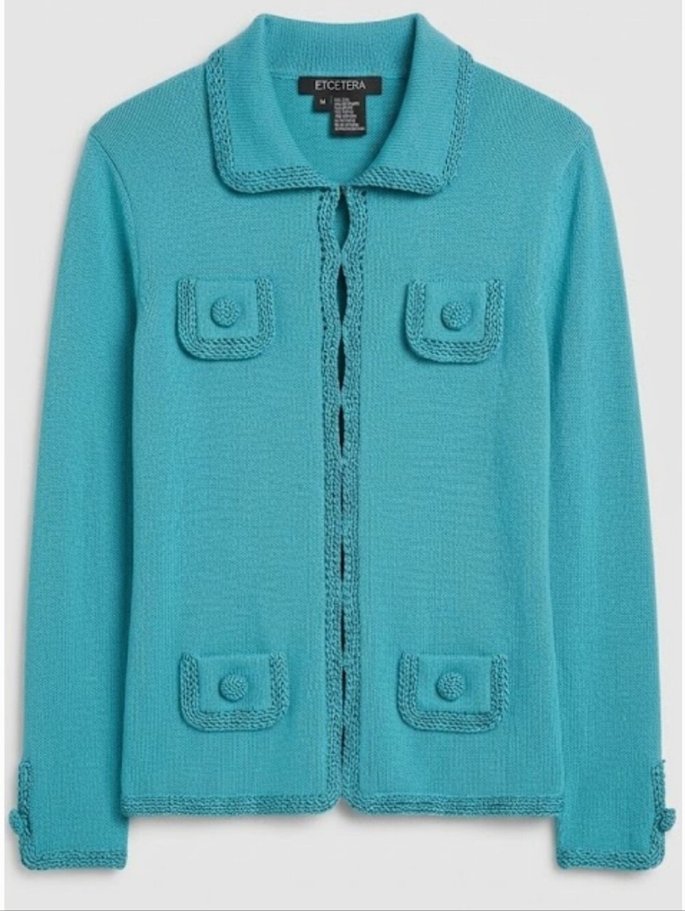 ​ETCETERA Silk Cashmere Crochet Trim Cardigan Jacket Teal Aqua Medium